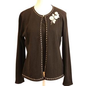 Debbie Morgan Women’s Cardigan Medium Floral Embelishment black white stitching